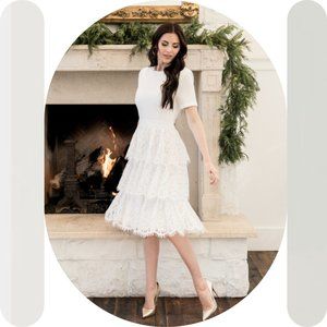 Rachel Parcel White Lace Panel Midi Cocktail Dress